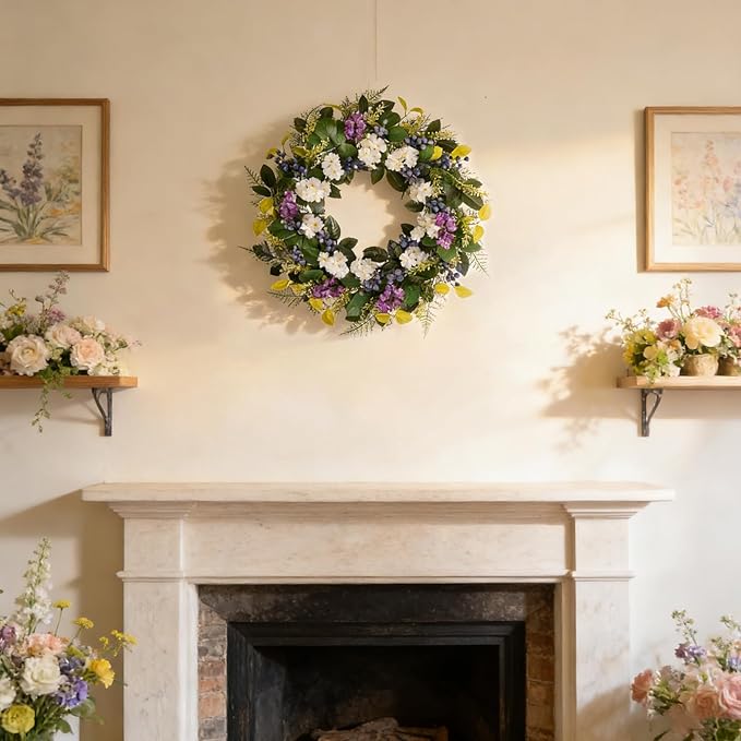 Idyllic 24 Inch Spring Summer Wreath for Front Door - Artificial Blueberry Bunch Wreath with White Purple Flowers Floral Decor for Window Mantel Wedding Indoor Outdoor Home Decoration
