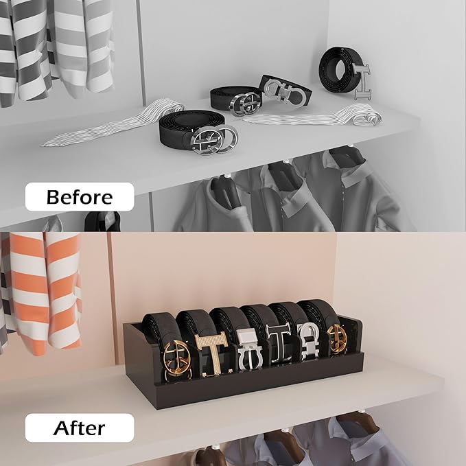 Belt Organizer for Closet - 6 Grids Black Bamboo Belt Storage Organizer Racks for Men Women's Drawer, Belt Display Holder Wall Mount with 2 Pcs Tie Clip