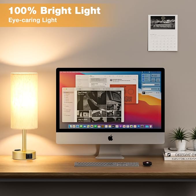 PartageiZ Gold Touch Table Lamps Set - 3 Way Dimmable Bedroom Lamps with USB C and A Ports, Small Lamps for Nightstand with AC Outlet, Gold Base Round Flaxen Shade for Desk, Office, Dorm, Nursery