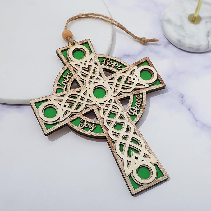 KOMI 7.2 Inch Celtic Wood Cross Irish Ornaments Christian Religious Christmas Wall Cross Hanging Ornaments Hope Peace Love Joy Carving Layered Cross Wooden Ornament