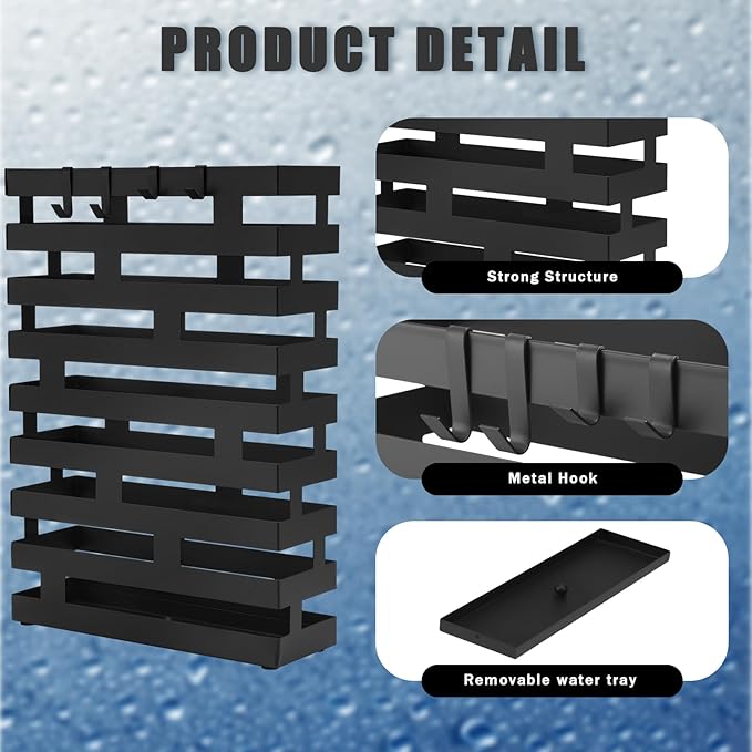 Tudomro Umbrella Stands for Entryway Large Metal Umbrella Holder 3.94 x 11.81 x 16.93 Inches with Removable Water Tray and Hooks Decor Freestanding Rectangular Hollow Rack for Home Office (Black)