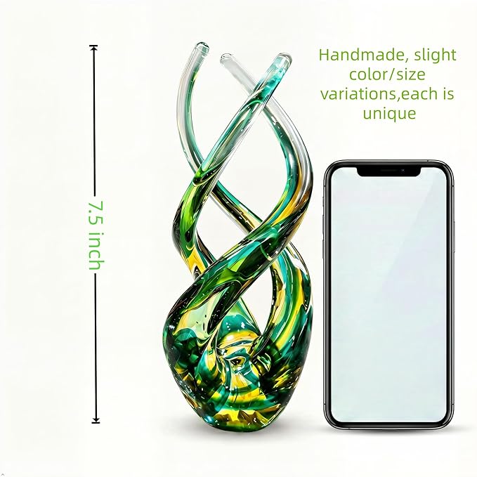 Hand Blown Glass Decor - Emerald Green Glass Sculpture - Aurora Collection Theme Spiral Kinetic Figurine, Light Reactive Gradient Decor for Home Office Garden, Ideal Gift for All Occasions