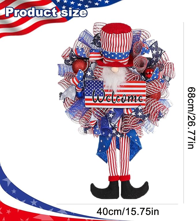 Patriotic Wreath for Front Door Red White Blue Wreath 4th of July Wreaths for Door Wall Memorial Day Decor Independence Day Hanging Decoration for Outside Home Farmhouse Holiday (Long-Legged hat)