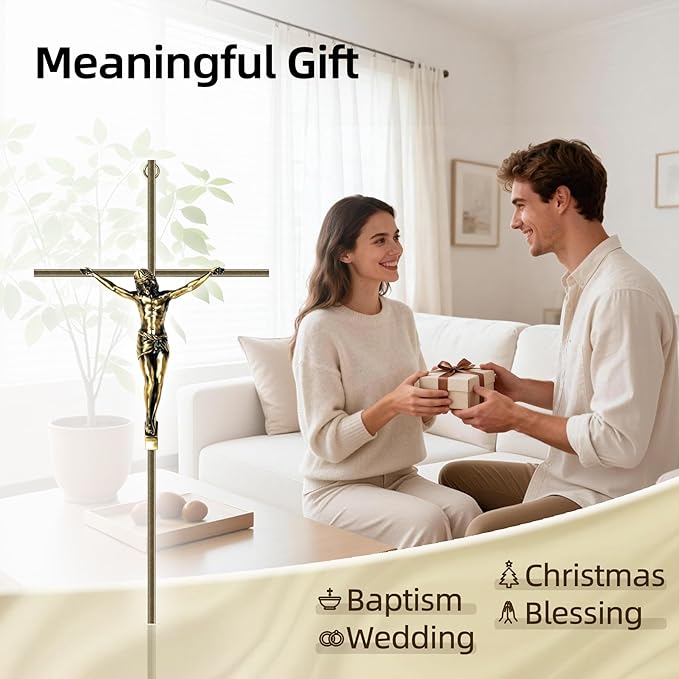 KUXBET Catholic Crucifix Wall Cross, 14 inch Metal Jesus Christ Cross, Handmade Hanging Wall Décor for Home, Religious Devout Give Faith Gift (14.0inch, Vintage)