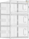 BALEINE 3 Pack Stackable Shoe Storage Boxes Fit Size 9, Thickened Clear Shoe Box Bins with Lids, Plastic Foldable Shoe Rack Organizer Sneaker Storage Containers (Large, White)