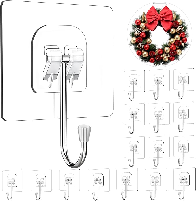Wreath Hangers for Front Door, 16 Pack Large Wreath Door Hanger for Easter Christmas Halloween Decorations, Heavy Duty Over-The-Door-Hooks, Adhesive-Wall-Hooks for Garland Home-Decor Inside Outside