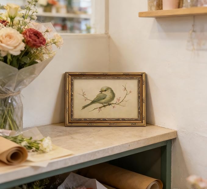 Vintage Gold Framed Wall Art Spring Bird Oil Painting Canvas Print Watercolor Cherry Blossom Picture Wall Decor Rustic Farmhouse Beige Floral Poster Artwork for Nursery Living Room Bedroom