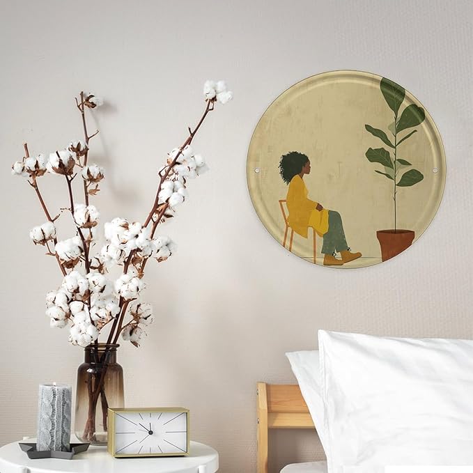 Wall Picture, with Potted Plant and Woman Printed Circular Iron Hanging Picture,Wall Art Decor,Home for Bedroom Living Room Bathroom Decor,Iron Painting 11.8X11.8 in