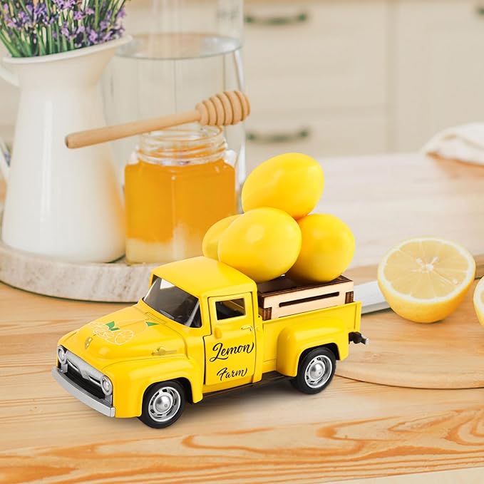 Lemon Metal Truck Lemon Home Kitchen Decorations with 4 Pcs Plastic Lemons Vintage Farmhouse Tabletop Tiered Tray Decor for Summer Home Kitchen Mantel Shelf Bookshelf Mini Truck Decorations