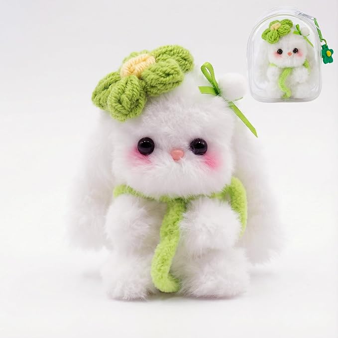 Small Funny Rabbit Handmade Crochet Plush Doll,Positive Cute Fluffy Gifts for Birthday Friends Coworker, Best Friend,Teacher, Mom (Green)