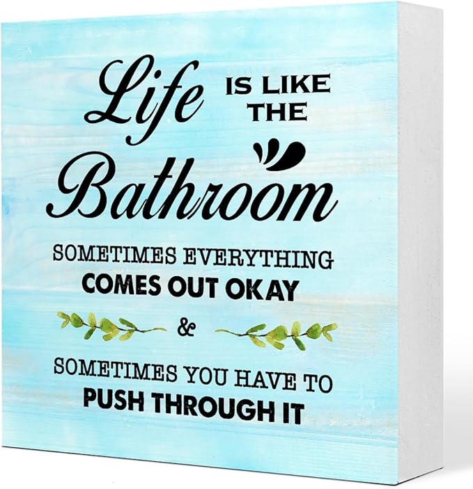 Blue Life is Like The Bathroom Wooden Box Sign Desk Decor,Funny Bathroom Wood Block Sign for Farmhouse Toilet Shelf Decor
