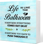 Blue Life is Like The Bathroom Wooden Box Sign Desk Decor,Funny Bathroom Wood Block Sign for Farmhouse Toilet Shelf Decor
