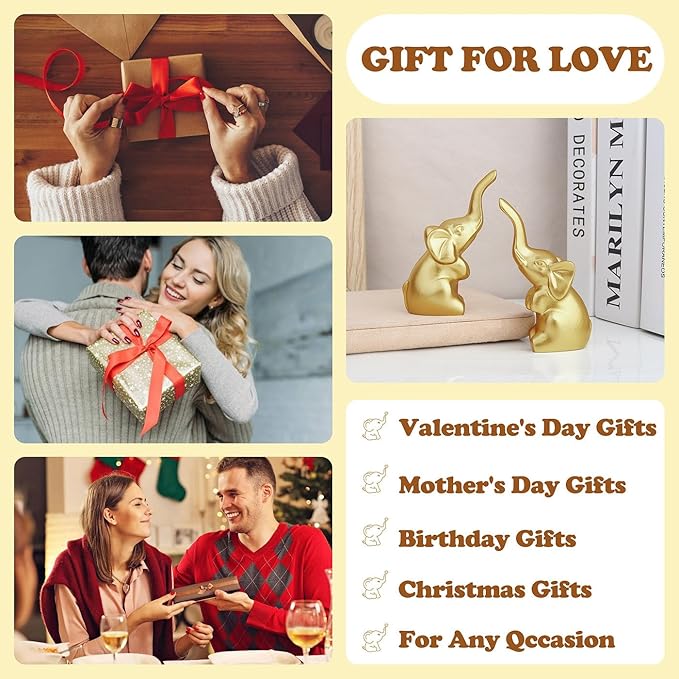 DUQGUHO Mini Gold Elephant Gifts for Women, Modern Style Small Golden Animal Statue, 2PCS Elephant Decor for Desk Shelves 3.5Inch