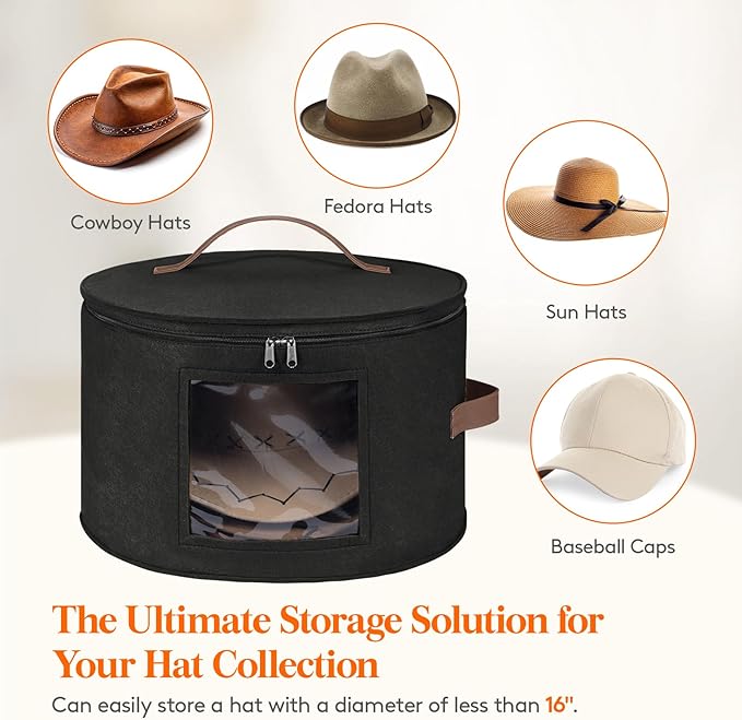 Lifewit Round Cowboy Hat Box for 7 Caps, Large Felt Hat Organizer Bag for Men&Women Storage, Baseball Cap Container with Lid for Travel, Foldable 16.5" Dx10.6 H Carrier, 37L Each, Black 1 Pack