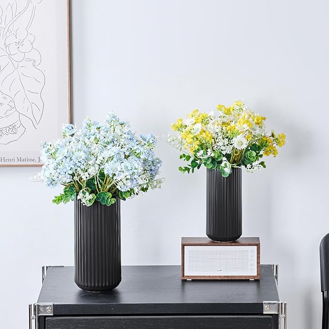 Black Ceramic Flower Vase for Pampas Grass, 10 inch Large Decorative Centerpiece Ribbed Vase for Dining Table, Office Desktop, Shelf Bookshelf, Mantel, Entryway, Bathroom, Countertop, Farmhouse, Gift