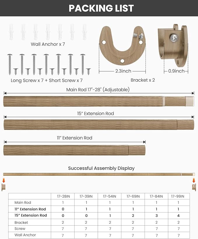 Closet Rods for Hanging Clothes, 17 to 69 Inches Stepless Adjustable Metal Closet Rod, 1.3 Inches Heavy Duty Clothes Hanging Rod for Closet Wardrobes Laundry RV(Wood Grain)