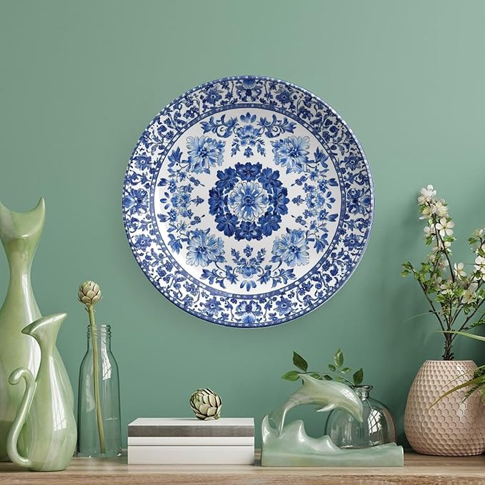 Blue Ceramic Decorative Plate, Blue And White Pottery Decorative Dish with Stand, Chinese Blue And White Porcelain Bone China Decorative Plates Art Porcelain Plate for Living Room Hallway Table Decor