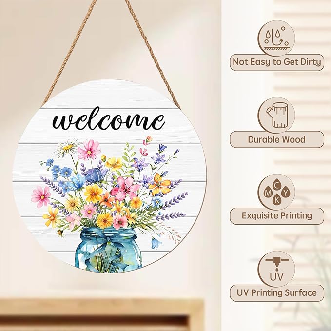 Harooni Spring Summer Welcome Door Sign for Front Door Spring Mason Jar Flowers Door Hanger Sign Wildflower Butterfly Wood Wreath Farmhouse Front Wreaths for Porch Wall Indoor Home Decor 12"x12"