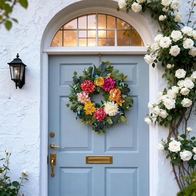 24 Inch Spring Wreaths for Front Door,Spring Wreaths,Spring Summer Door Wreaths with Yellow and Pink Dahlia Hydrangea Peony Flower Wreath for Outside Indoor Outdoor Home Porch Wall Decor