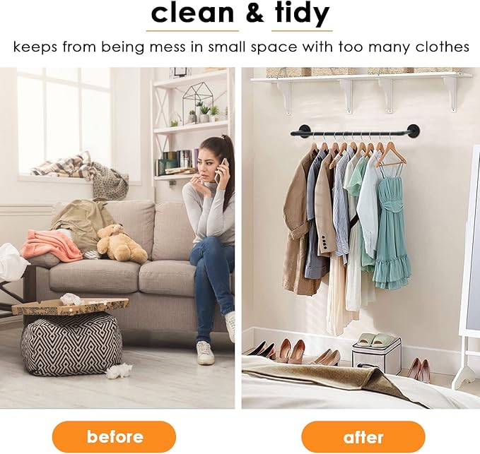 ERYTLLY Industrial Pipe Clothes Rack 38”, 2 Set Multi-purpose Wall Mounted Iron Garment Rod,Heavy Duty Detachable Hanging Clothes Rack for Closet Rod (Black,2 Base)