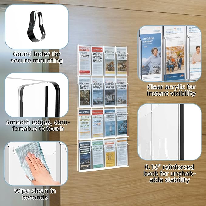 Acrylic Brochure Pamphlet Holder, 16 Pamphlet Holders, Clear Brochure Display Holder Wall Mount, Trifold Flyer Rack, Literature Storage Rack for Home, Offices, Waiting Room