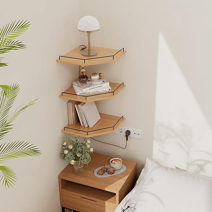 JJL Corner Shelf Wall Mounted, 12 Inches 3-Tier Floating Corner Shelf, Hexagon Rustic Wood Decor with Fence, Natural Wood Grain Storage for Apartment Bedroom Kitchen Bathroom
