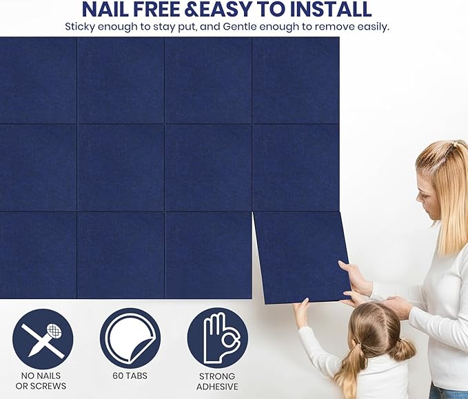 Large Cork Board Alternative 36" X 24" Bulletin Board - 6 Pack Removable Felt Wall Tiles with 20 pushpins, Large Cork Boards for Walls Cork Board for Office Pin Board Tack Board - Denim Blue