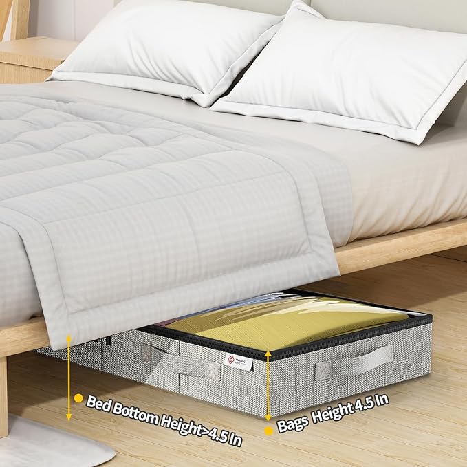 4.5 Inches Under Bed Storage Containers with Sturdy Sidewalls/Bottom and Reinforced Handles，Low Profile Underbed Storage for Clothes,Shoes,Pillows and Blankets with Zips and Clear Windows,2 Pack