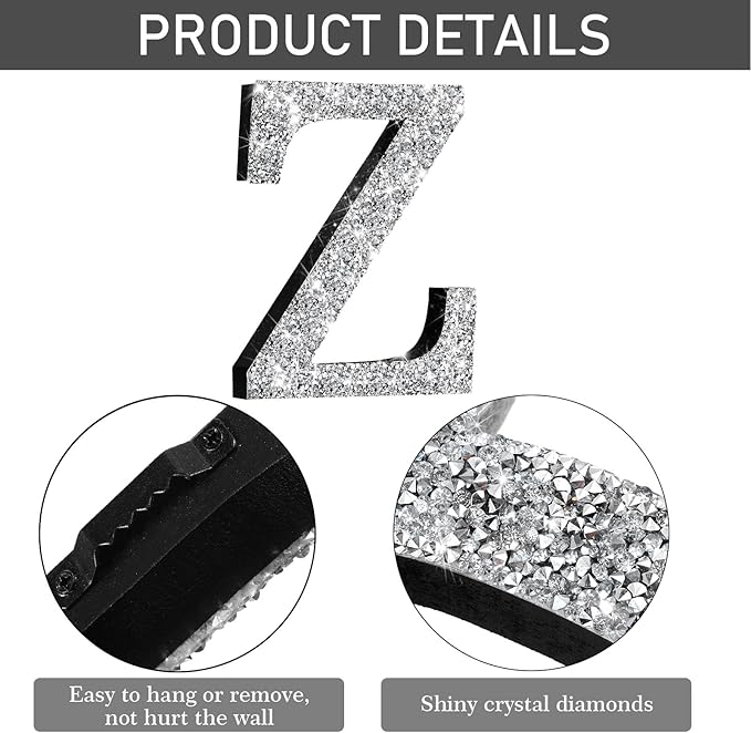 Qunclay 8'' Silver Crystal Diamond Bling Letters Crushed Diamond Decoration Wooden Glitter Letter with Screw and Hooks Rhinestone Gift for Wedding Y2k Mcbling Bedroom Wall Decor (Letter Z)