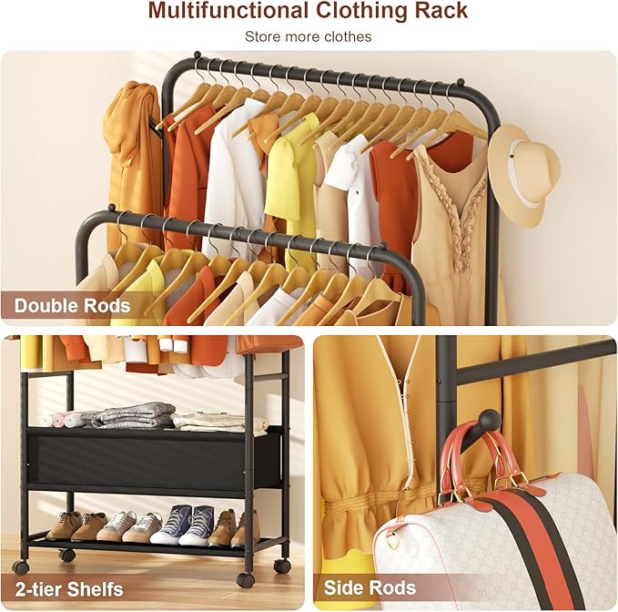 Furologee Clothing Racks for Hanging Clothes, Portable Rolling Garment Rack, Sturdy Metal Freestanding Clothes Rack with Wheels, Double Rods Wardrobe Racks for Bedroom Laundry Living Room