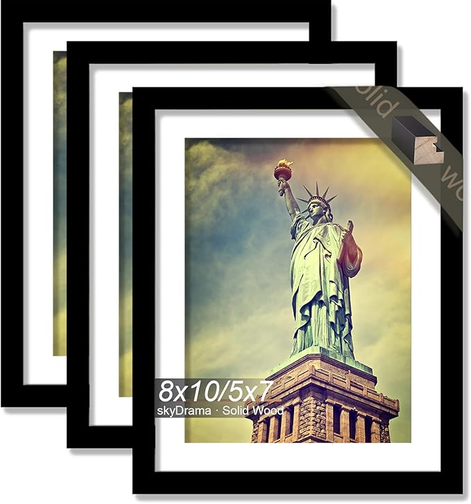 100% Solid Wood 8x10 Picture Frame Set of 3, Black Frame Display Photo 5x7 with Mat or 8 x 10 without Mat, 8by10 HQ Matte Black Frame for Wall - 3 Pack/Black/8"x10"