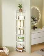 Hzuaneri Corner Shelf Stand,6-Tier Glass Bookshelf Bookcase, Bathroom Organizer, Plant Stand, Steel Frame, Tempered Glass, Modern Style for Living Room, Bathroom, Kitchen, White CS90613W