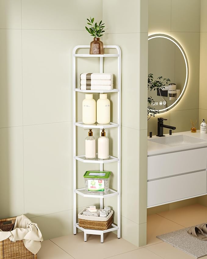 Hzuaneri Corner Shelf Stand,6-Tier Glass Bookshelf Bookcase, Bathroom Organizer, Plant Stand, Steel Frame, Tempered Glass, Modern Style for Living Room, Bathroom, Kitchen, White CS90613W