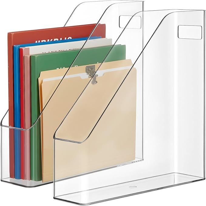 Kifmurase 2PCS Vertical File Holder, Clear Plastic Standing File Shelf and Organizer for Office Home Magazines Notebooks Folder Binders, Multi-purpose Desktop Document Storage Vertical Rack