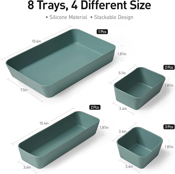 ISSEVE 8Pcs Nesting Silicone Drawer Organizer Trays, 4 Size Versatile Vanity Bathroom & Desk Drawer Organizer Set Storage Bins for Office,Kitchen,Nightstand,Green