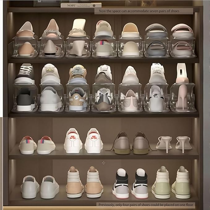 6Pack Shoe Slots Organizer and 6Pcs Shoe Storage Bags Set, Adjustable Double Layer Stack Shoe Space Saver Holder, 50% Space-Saving White Plastic Thickening Shoe Rack for Closet Organization