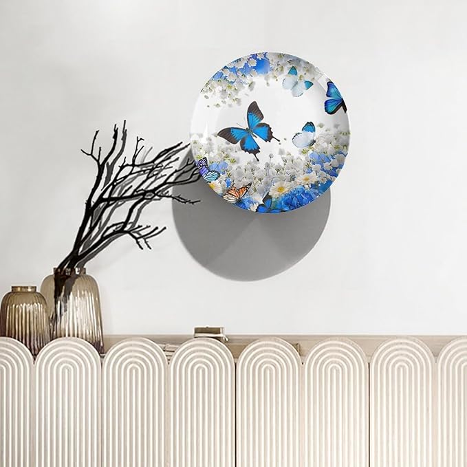 Decorative Plate Stand, 6 Inch, Flower Butterfly Round Display Plate, Decorative Plates with Stand, for Kitchen Living Room Office Countertop Decor