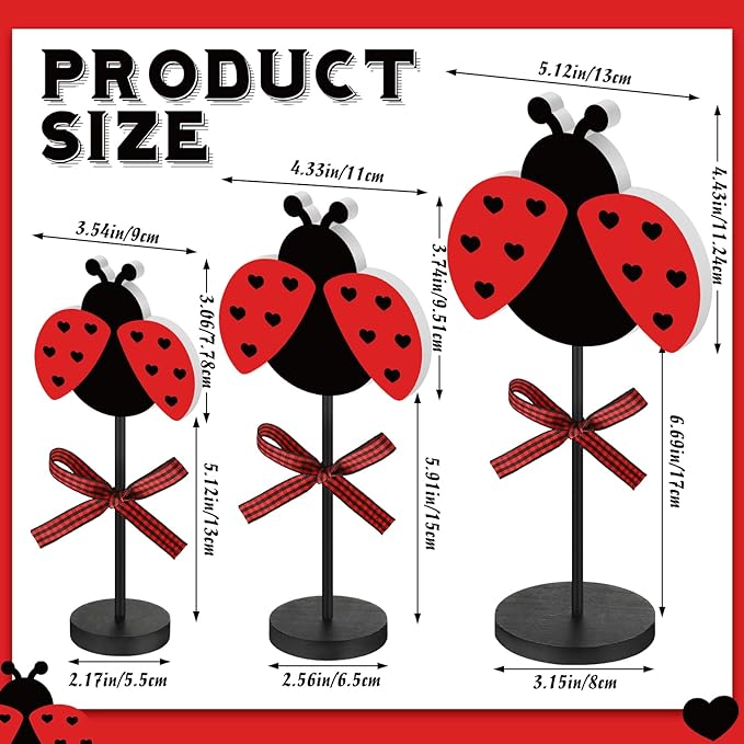 Maitys 3 Pcs Summer Ladybug Decor Set Table Decor Wooden Tabletop Centerpiece Sign for Home Kitchen Bedroom Baby Shower Party Decorations