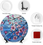 Stained Glass Theme Decorative Ceramic Plate Round Porcelain Plate,10 inch,Cherry Tree Pattern,for Decorative Ornaments Giving Plates, 1 Plate with 1 Display Stand,Blue Pink
