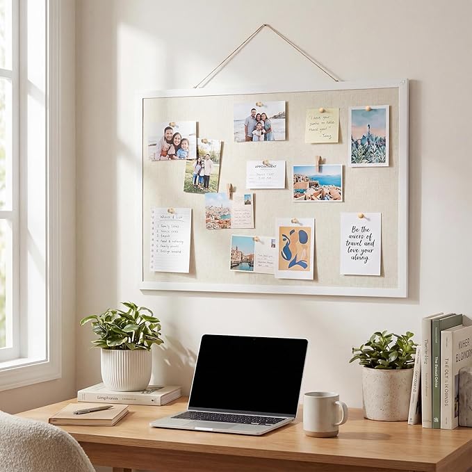 Thboxes Cork Board with Linen, 24" x 18" Double-Sided Bulletin Board Corkboard for Wall Picture Display Framed Vision Boards for Home Office School Pin Boards with 20 Pushpins &10 Clips