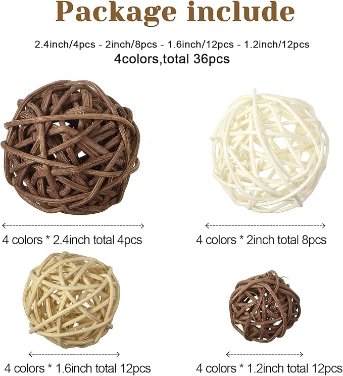 Patelai 36 Pcs Wicker Rattan Balls Decorative Balls for Vase Centerpiece Bowls Orbs Filler for Home Decor,4 Sizes(White, Wood Color, Light Tan, Coffee,2.4'',2'',1.6'',1.2'')