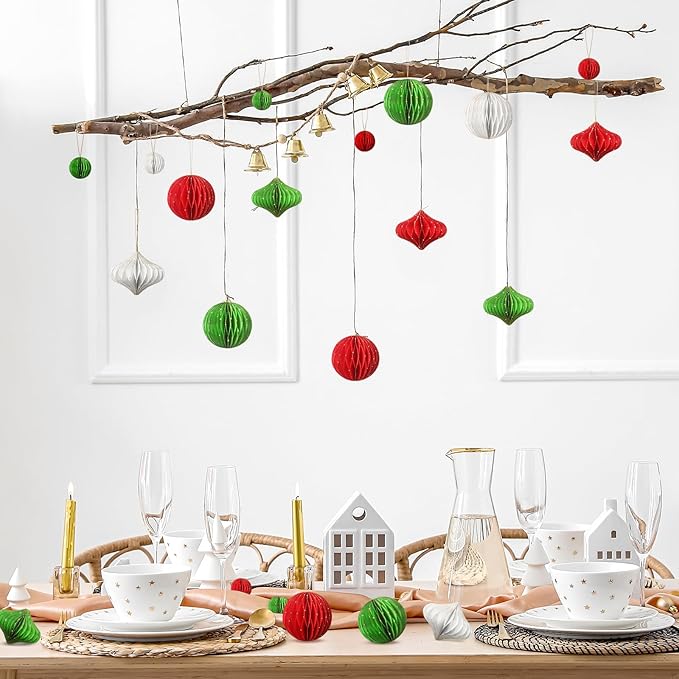 TecUnite 50 Pcs Christmas Paper Honeycomb Ornaments for Tree Vintage 3D Mini Glitter Edge Paper Christmas Ornament Honeycomb Tree Hanging Neutral Boho Holiday Xmas Party Decoration(Red White Green)
