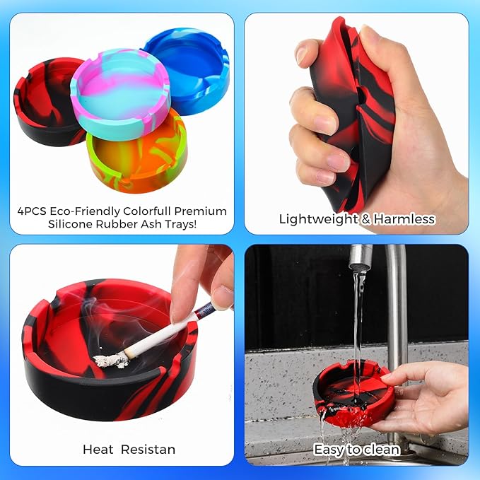 Threlaco 12 Pcs Ash Tray Silicone Ashtray Colorful Unbreakable Cigar Ashtrays for Home Hotel Office Outdoor Indoor Patio, 4 Colors(Round)