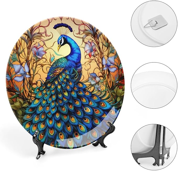 Decorative Plates, Stained Glass Design Peacock & Flower Ceramic Dinner Plate Home Wobble-Plate with Display Stand, Wall Hanging Decor for Kitchen Household 10 Inch, Gifts for Peacocks Lover