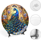 Decorative Plates for Wall Hanging, Stained Glass Design Peacock & Flower Ceramic Plate w/Display Stand, Home Decor for Kitchen Cabinets, Farmhouse Round Tray 8 Inch, Gift for Peacocks Lover