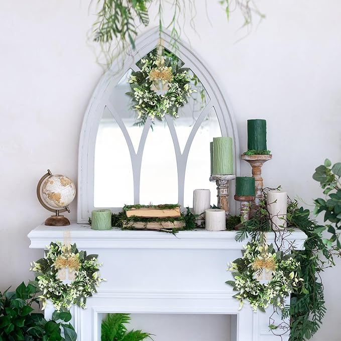 4 PCS Small Eucalyptus Leaves Cabinet Wreath Artificial Mini Spring Summer Greenery Kitchen Wreaths Vintage Swags Wreath with Retro Burlap Ribbon for Farmhouse Rustic Home Door Wedding Wall Decor