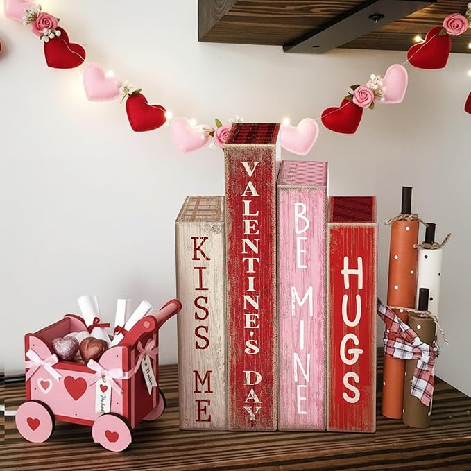 Lineshading 4 Pcs Valentines Day Decoration Wooden Book Valentine's Day Table Decoration Pink Red and White Valentines Tiered Tray Decor Wood Book Sign Farmhouse for Wedding Home Shelf Coffee Table