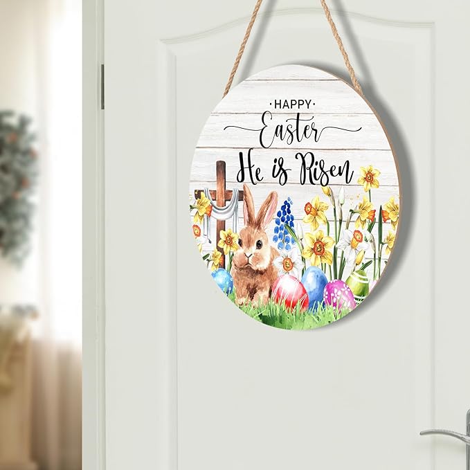 Harooni Easter Hanging Sign 12x12 Inch He is Risen Wooden Door Sign