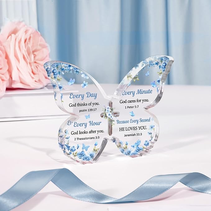 Christian Gifts for Women Faith, Butterfly Acrylic Plaque Sign, Religious Gifts for Women on Mothers Day Birthday Christmas, Spiritual Present for Female Friend Family, 5x3.8x0.5 Inch - Blue