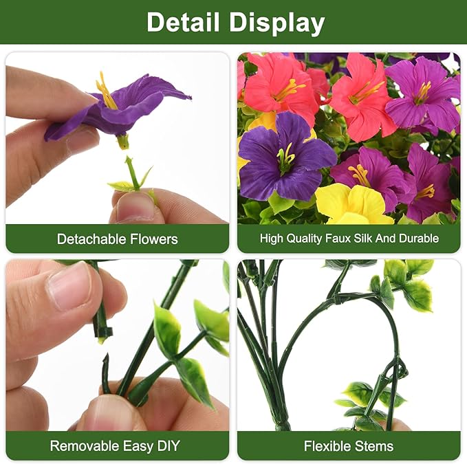 INQCMY Artificial Fake Petunias Flowers for Outdoors Spring Decoration, 12 Bundles Faux Plants UV Resistant Realistic Silk Flower for Outside Planters Patio Porch Yard Window Box (6 Mix Colors)